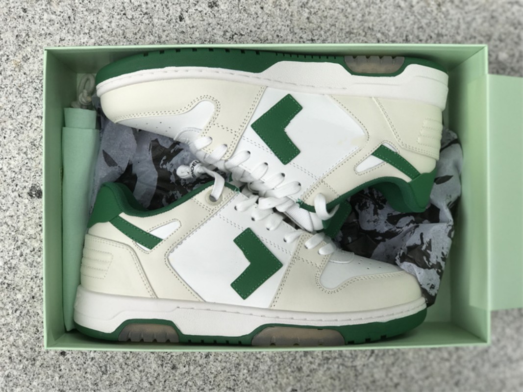

Designer basketball shoes OW Calf leather White Pristine Green Low top Leather Sneakers With Box