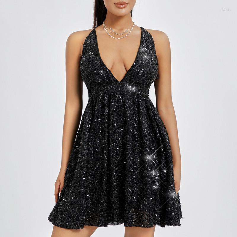

Casual Dresses Women Short Sequins Dress Evening Party Summer Clothes Luxury Sleeveless Backless Deep V Neck Sexy Club Y2k Streetwear