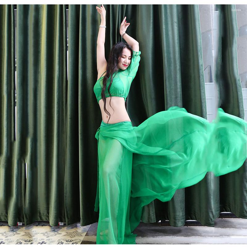 

Stage Wear Belly Dance Summer Women's Sexy Top Floating Yarn Long Skirt 2pcs Oriental Practice Clothes Suit, Blue