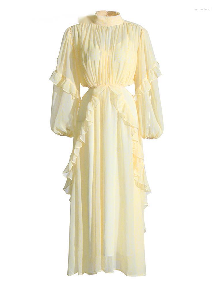 

Casual Dresses Elegant Midi Chiffon For Women Stand Lantern Sleeve High Waist Summer Female Fashion 2023 Autumn Clothing, Yellow