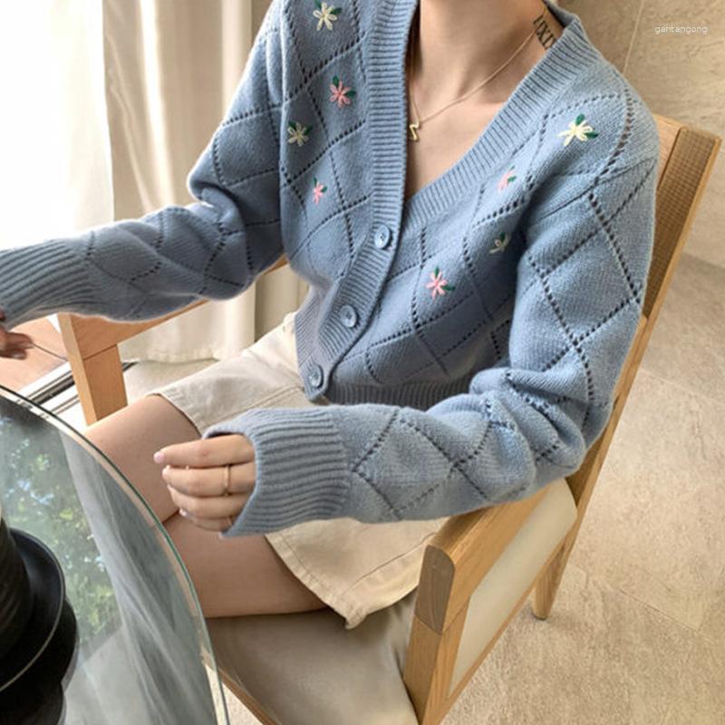 

Women's Knits Knitwears Women Sweater Embroidery Brief Paragraph Female Ancient Ways Is Hollow-out Knitting Cardigan, Sky blue