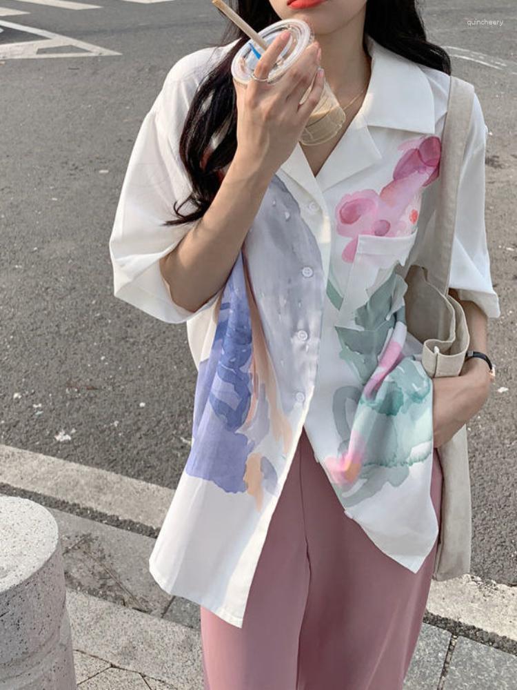 

Women's Blouses Hikigawa Floral Print Chic Fashion Blouse Turn Down Collar Short Sleeve Shirt Vintage Tie Dye Casual Tops Blusas Mujer De, White