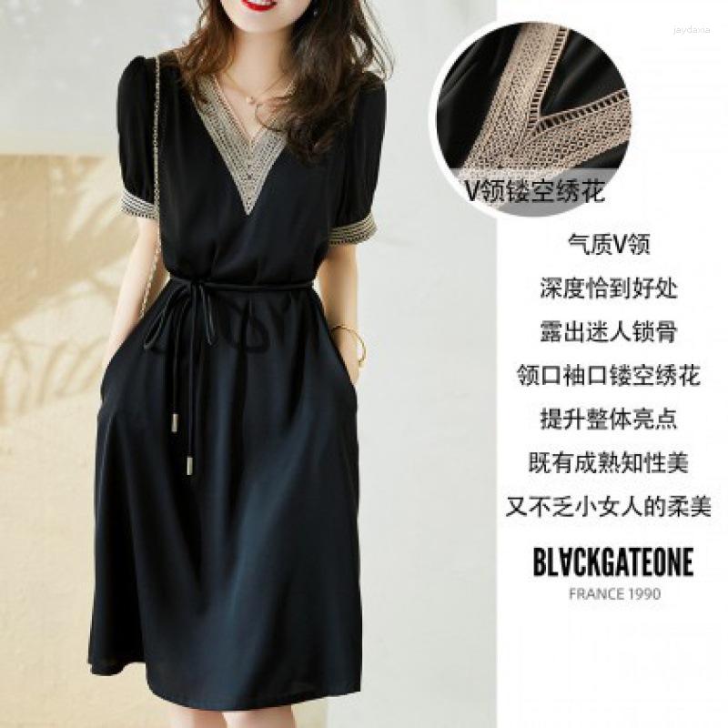 

Casual Dresses Fashionable Stylish V-neck Dress Waistband Slim Appearance 2023 Lace Up Summer Loose Fitting Short Sleeved Mid Length, Black