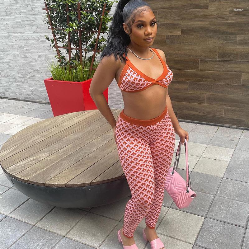 

Women' Two Piece Pants Fashionable Plaid Print Set V Sexy Vest With Buttocks And Leggings Street Trendy Two-piece, Orange