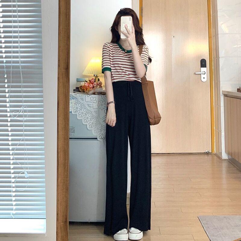 

Women' Two Piece Pants 2023 Women Sets Striped Short Sleeve T-shirts Solid Elastic Waist Wide Leg Casual Cute Sweet Korean Style Streetwear, Red black