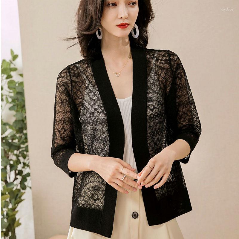 

Women's Knits Hollow Out Lace Cardigan Summer Women Knitted Thin Coat Crochet Shrug Three Quarter Sleeve Korean Sunscreen Clothes Dropship, Green