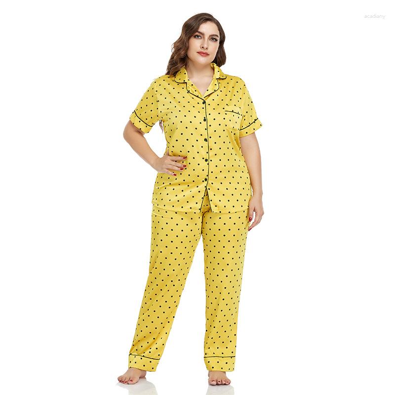 

Women's Sleepwear Pijama Femme Satin Pajamas Women Polka Dot Printed Suit 2 Pcs Female Sleep Two Piece Set Loungewear Plus Size, Yellow