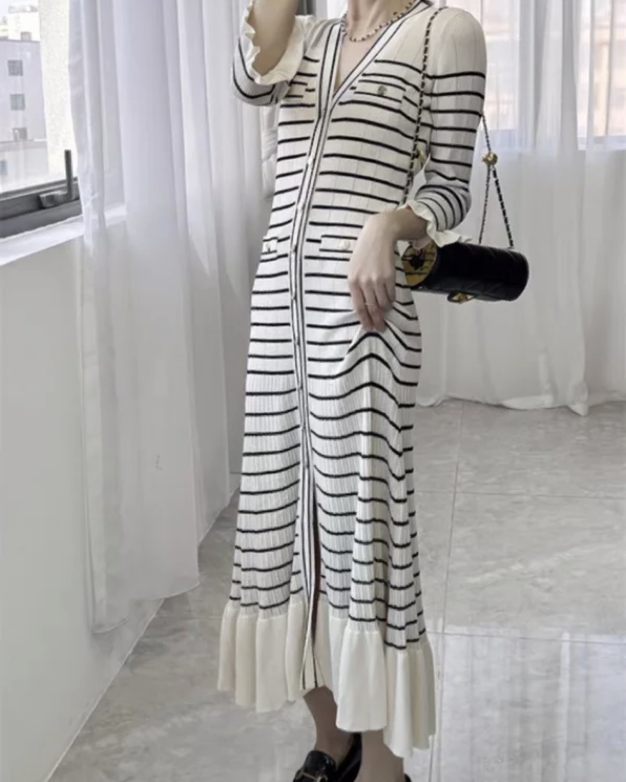 

Basic & Casual Dresses Sandro Fringe Agaric EdgeV-neck Knitted Dress Long SkirtNewLadies high brand2023t Dress, White