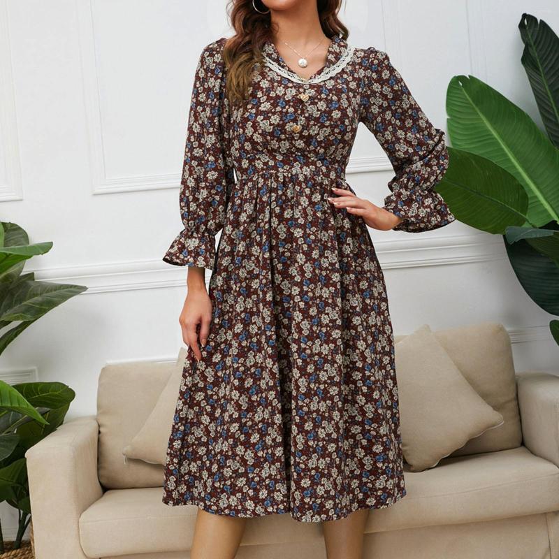 

Casual Dresses Floral Print Dress For Women Autumn Winter Retro Temperament Lapel Lace Long Sleeved High Waist Slim, Black