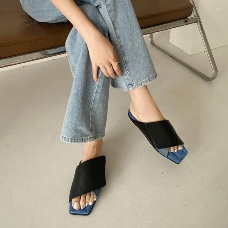 

Slippers Women's Retro Square Head Color Blocking Open Toe Sandals Wear Summer Flat Bottom Comfortable Women Shoes, Black