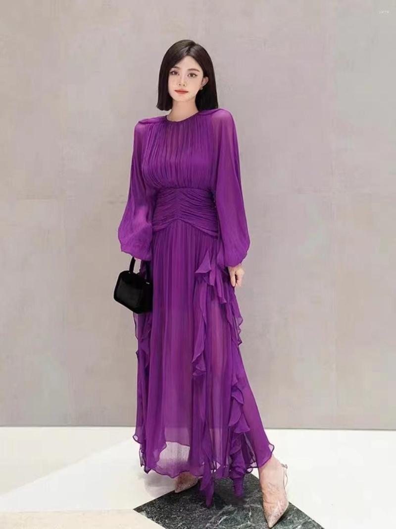 

Casual Dresses 2023 Spring Autumn Women Long Sleeve Slim Dress High Quality Fashion Folds Sweet Ruffles Patchwork Hem Chiffon, Black