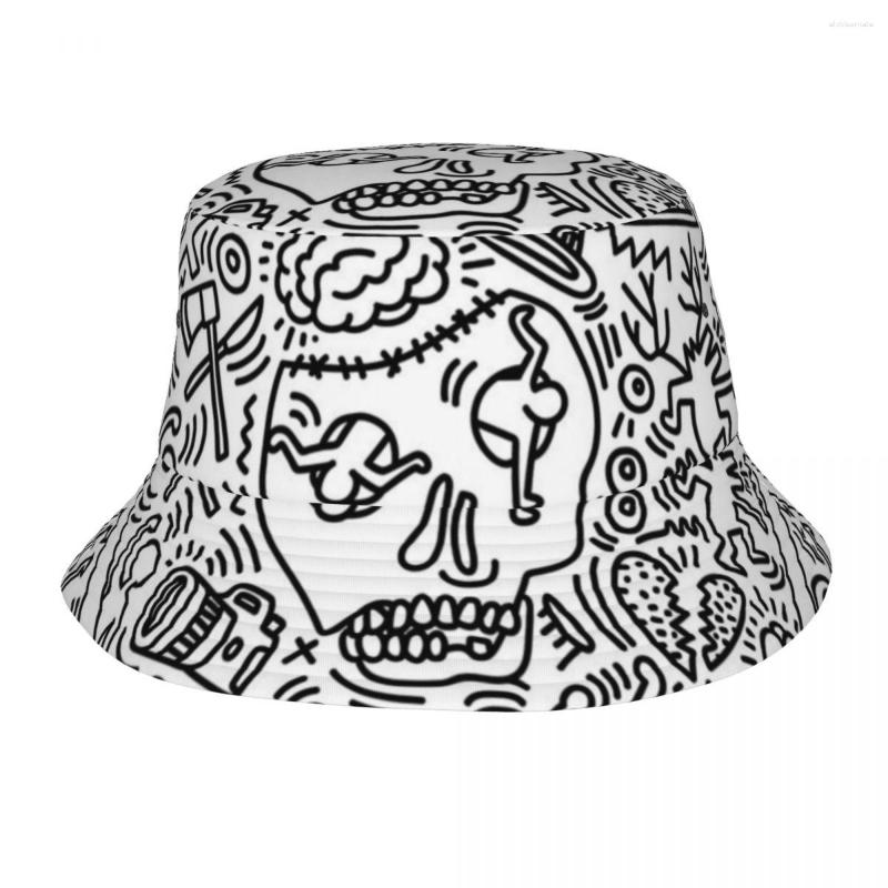 

Berets 'Black & White Skull' Bob Hat For Men Women Beach Sun Hats Stylish Foldable Hiking Fishing Cap Ispoti