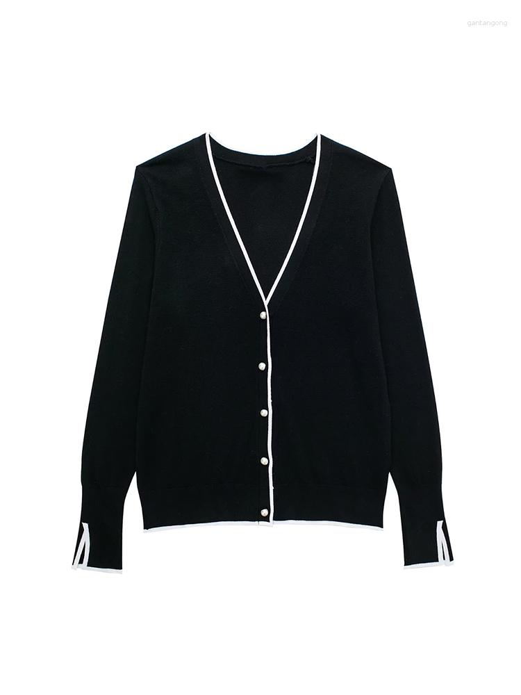 

Women' Knits SLMD 2023 Spring Women Chic Blacke Single Button Knitted Cardigans Female Fashion V-Neck Patchwork Sweaters Casual Knitwear, Black