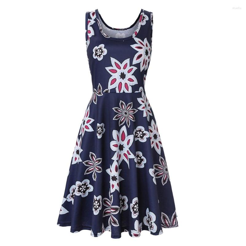 

Casual Dresses Summer Vacation Style Womens Sleeveless Floral Dress Beach A Line O Neck Plus Size Skirts Loose Midi Retro Vestidos, Dark blue
