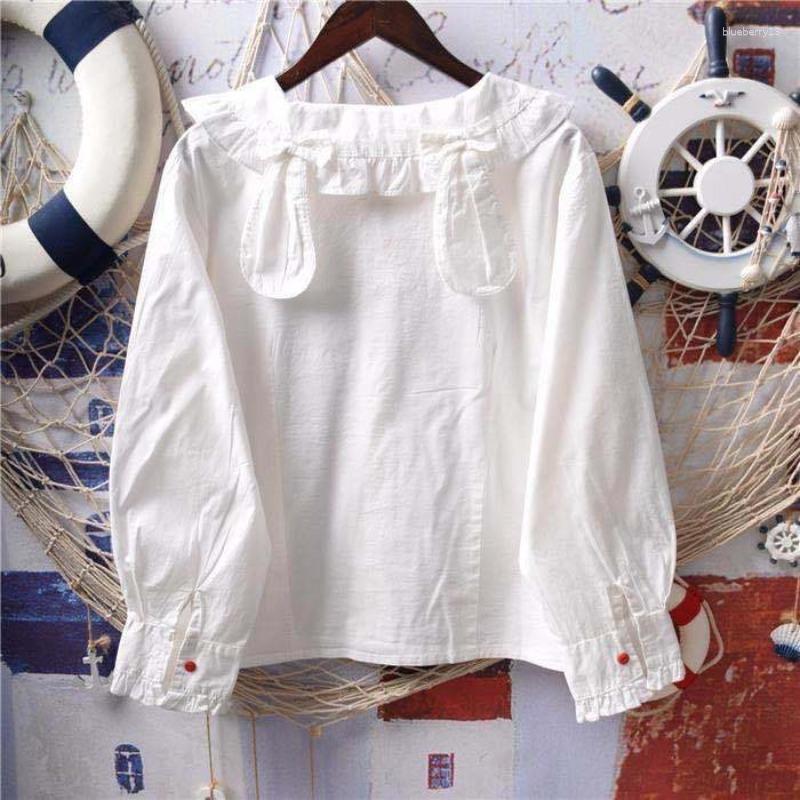 

Women' Blouses Japenese Sweet Cute White Shirt Women Long Sleeve Top Ears Ruffles Patchwork Harajuku Button Up Shirts Youth Clothes