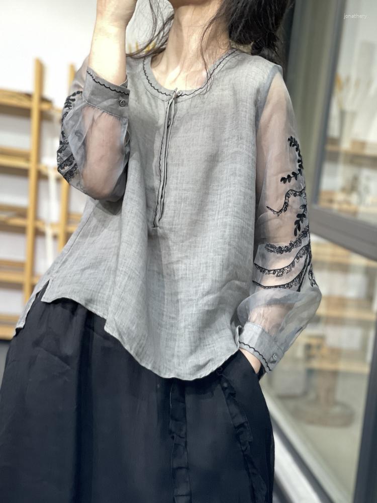 

Women's Blouses Vintage Embroidery Cotton Linen Women Blouse Summer 2023 Lightweight Casual Female Pulls Outwear Tops, Gray