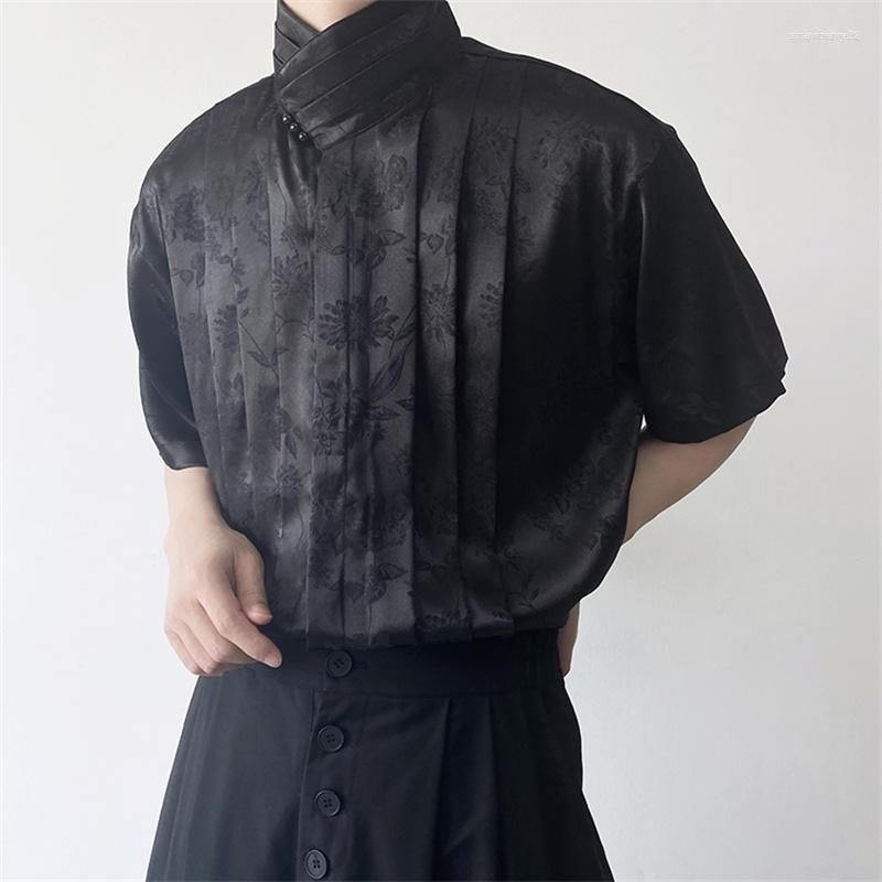 

Men's T Shirts Men's Chinese Style Improved Stand-up Collar Shirt Men's 2023 Summer Satin Jacquard Design Short Sleeve Top, Black