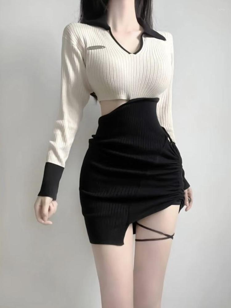 

Casual Dresses Hikigawa Chic Fashion Women Sweet Cool Y2k V Neck Contrast Color Hollow Design Mini Sexy Slim Knit Vestidos Mujer, Khaki black