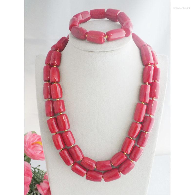 

Necklace Earrings Set Gorgeous Handmade 2rows Red Coral Drum Sets African Women 20-22", Picture shown
