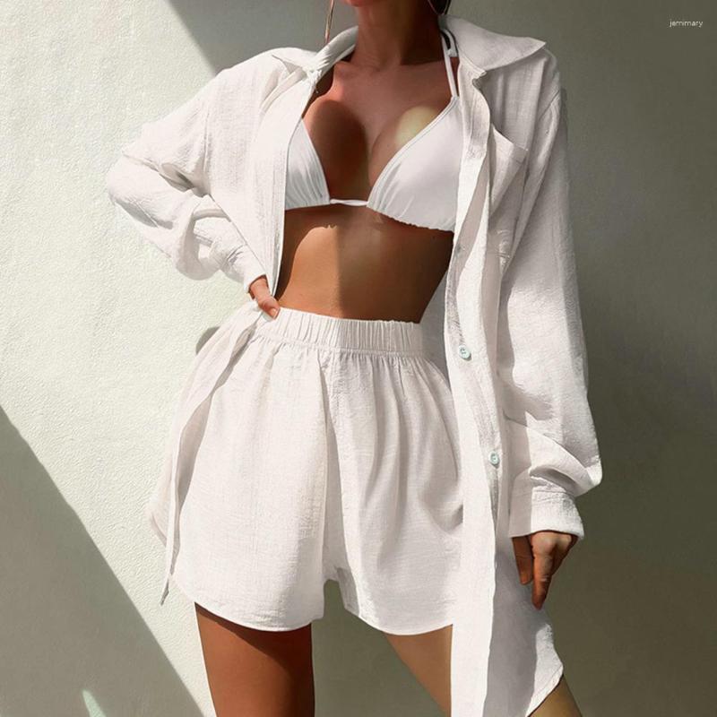 

Women' Tracksuits 3 Pcs/Set Bra Shorts Cover Up Set Solid Color Turn-down Collar Beach Cardigan Low-cut Elastic Waist Long Sleeves Lady, Black