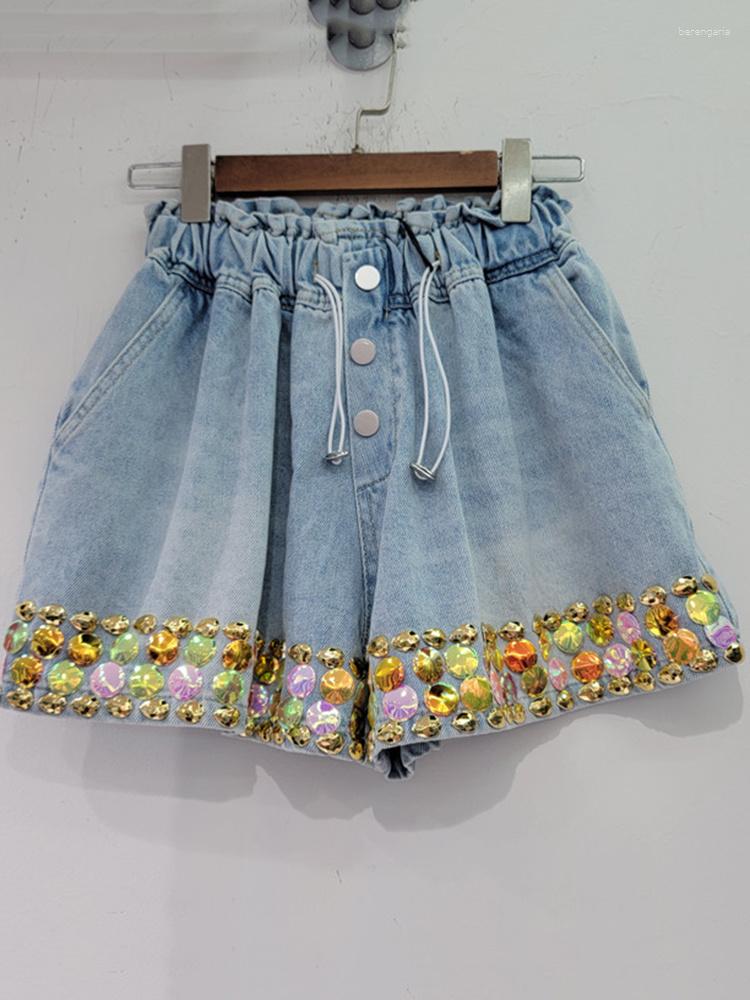 

Women's Shorts Women Streetwear Denim Colorful Diamond Yellow High Waist Wide Leg Drawstring Short Jeans 2023 Summer Tide Y341, Blue