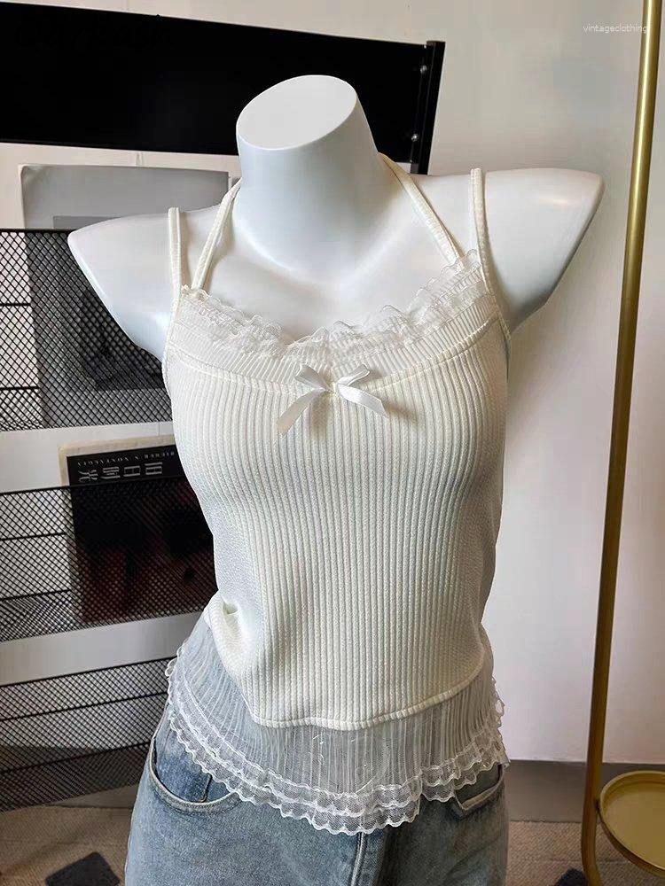 

Women' Tanks Lace Sexy Camis Women Bow Streetwear Summer Elegant Sweet Aesthetic Clothing Simple All-match Korean Style Inner Daily Holiday, White