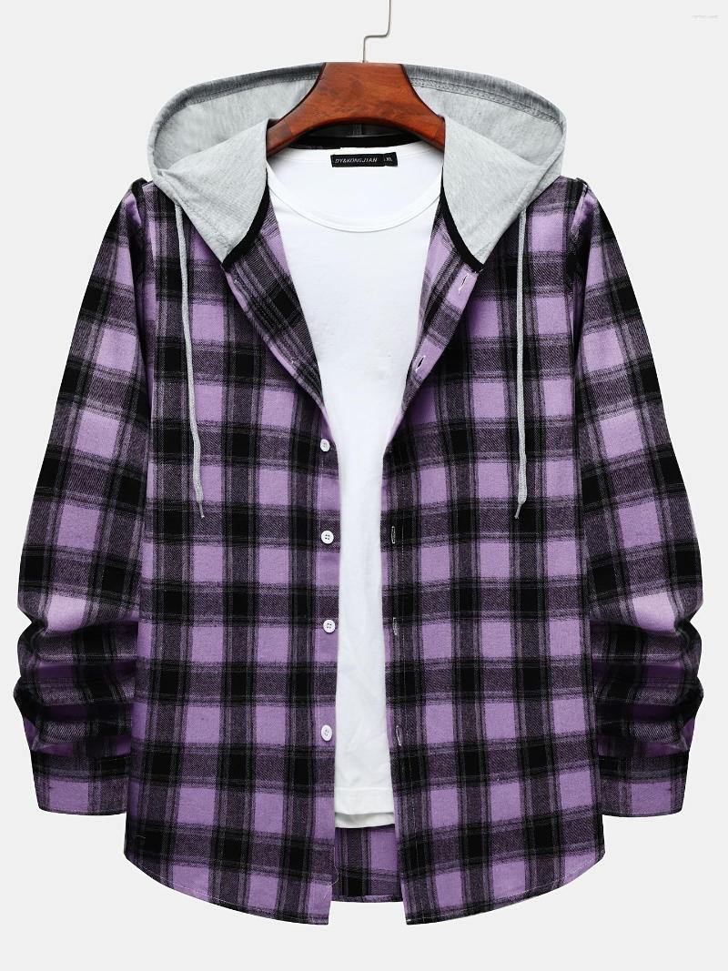 

Men's Casual Shirts  Smaller Flannel Loose Shirt For Men Plaid Long Sleeve Button-Down With Hood Christmas Gifts, Purple