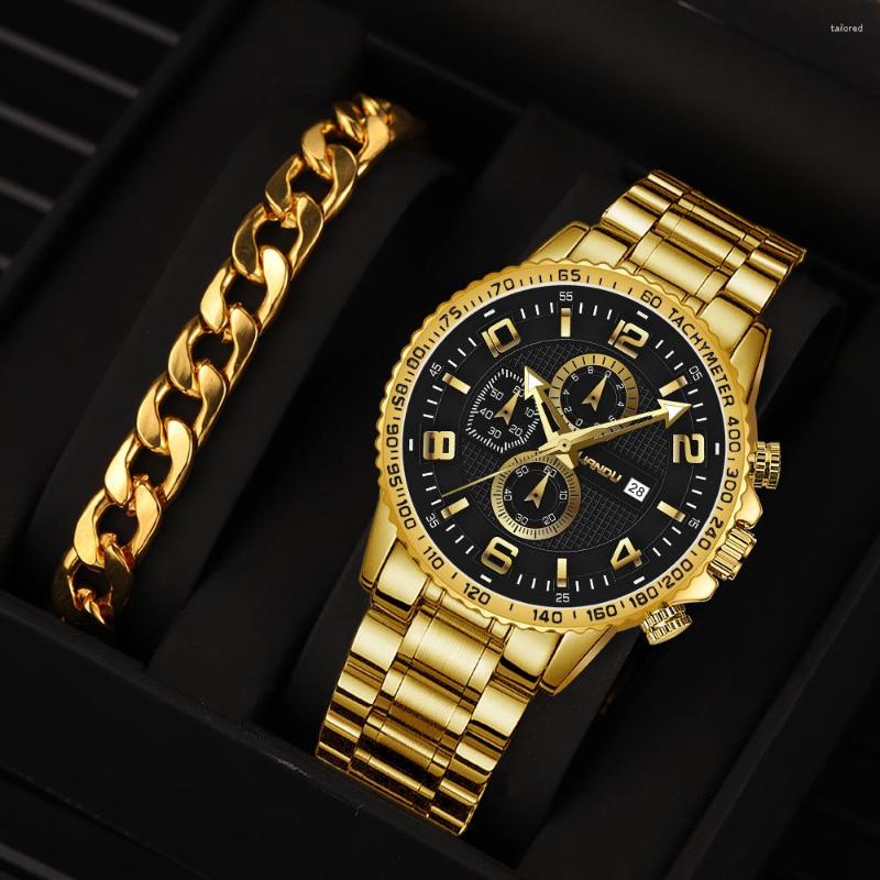 

Wristwatches 1pc Men's Round Pointer Date Quartz Watch & Bracelet, Golden&black