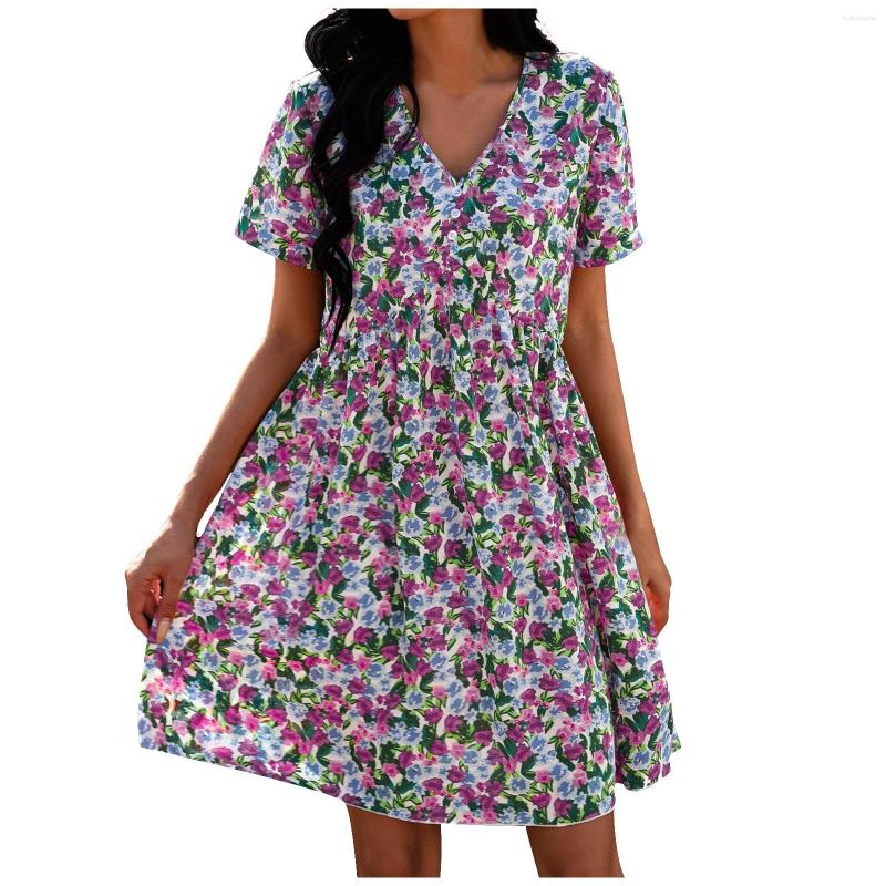 

Casual Dresses Dress For Women Sexy V-neck 2023 Midi Bohemian Print Short-sleeved Floral With A Nipped-in Waist Vestidos, Purple