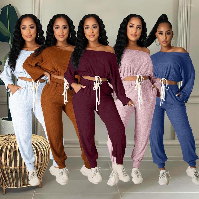 

Women' Two Piece Pants Off The Shoulder Solid Drawstring Tracksuit Women Casual Sportswear Long Sleeve Crop Top Set Jogging Femme, Blue
