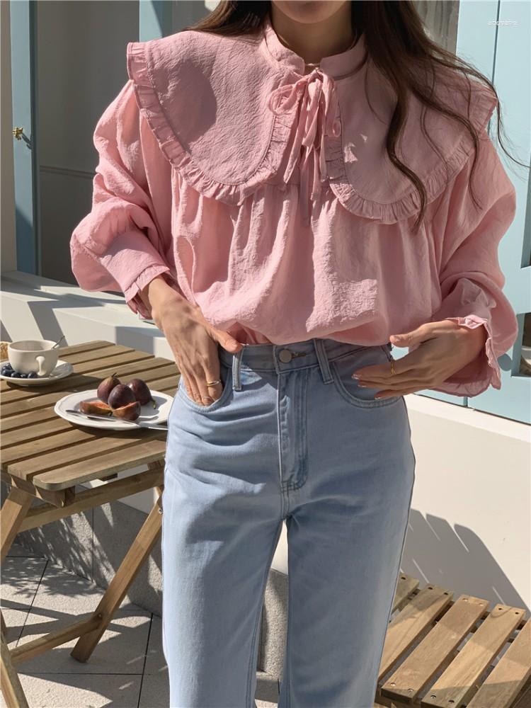 

Women's Blouses Women's 2Colors Spring Autumn Long Sleeve 2023 Womens Korean Style Detachable Collar Office Wear Ruffles Shirts Female, Pink