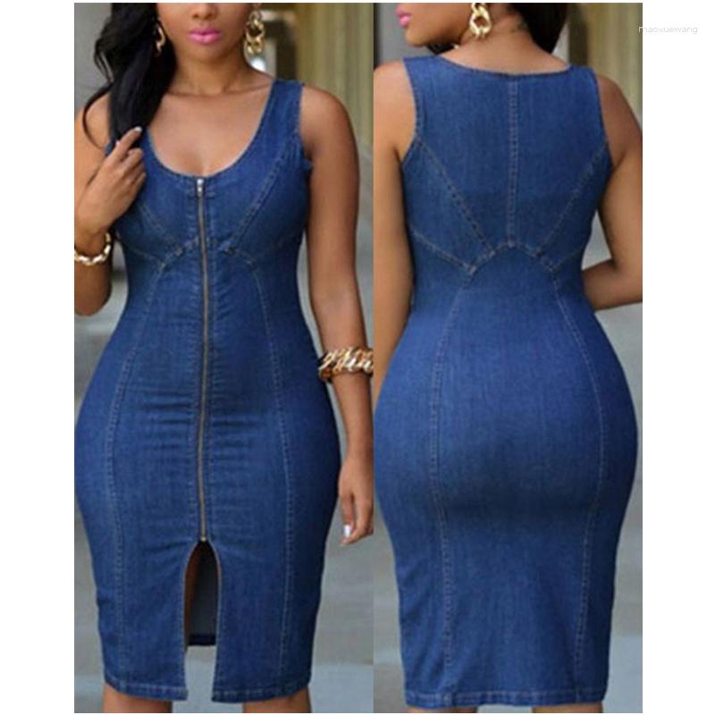 

Casual Dresses Women Vintage Fashion High Waist Corset Slit Slim Fit Bodycon Dress Elegant Sleeveless Zipper Detail Denim, Blue