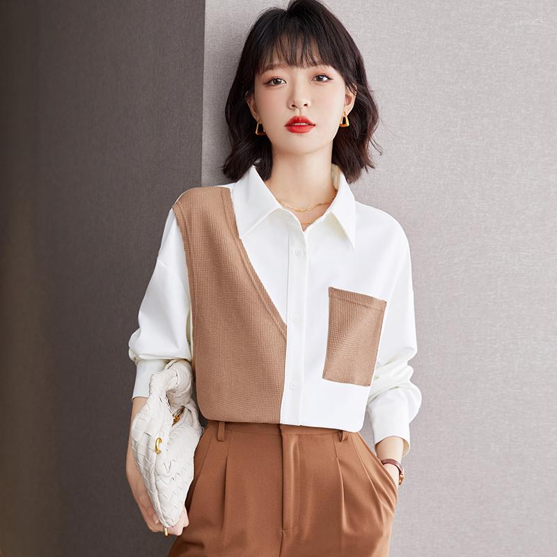 

Women's Blouses Ladies Color Contrast Fake Two Pieces Splicing Vest Button Up Shirt Women Tops Female Girl Casual Long Sleeve Blouse, Khaki