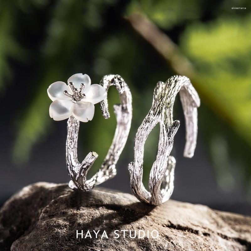 

Cluster Rings Haya Studio White Cherry Blossom Silver Ring S925 Natural Pearl Shell Flower For Women Elegant Ladies Jewelry