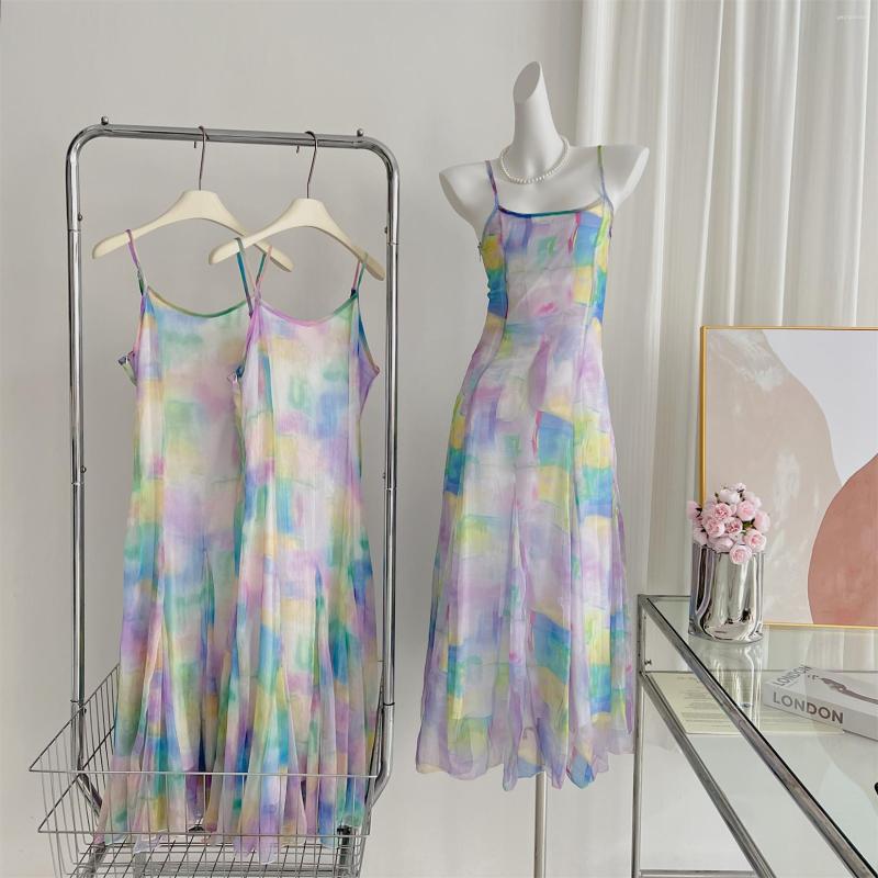 

Casual Dresses Women's Chic Tie Dye Color Straps Long Dress Lady Summer Holiday Beach Slim A Line Cute Sleeveless, Picture shown