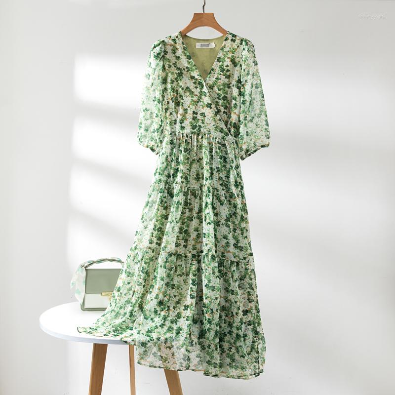

Party Dresses Light Green Chiffl Printed Women Dress Summer 2023 V-Neck Slim Half Sleeved Knee-Length Elegant Female Clothing Top Quality