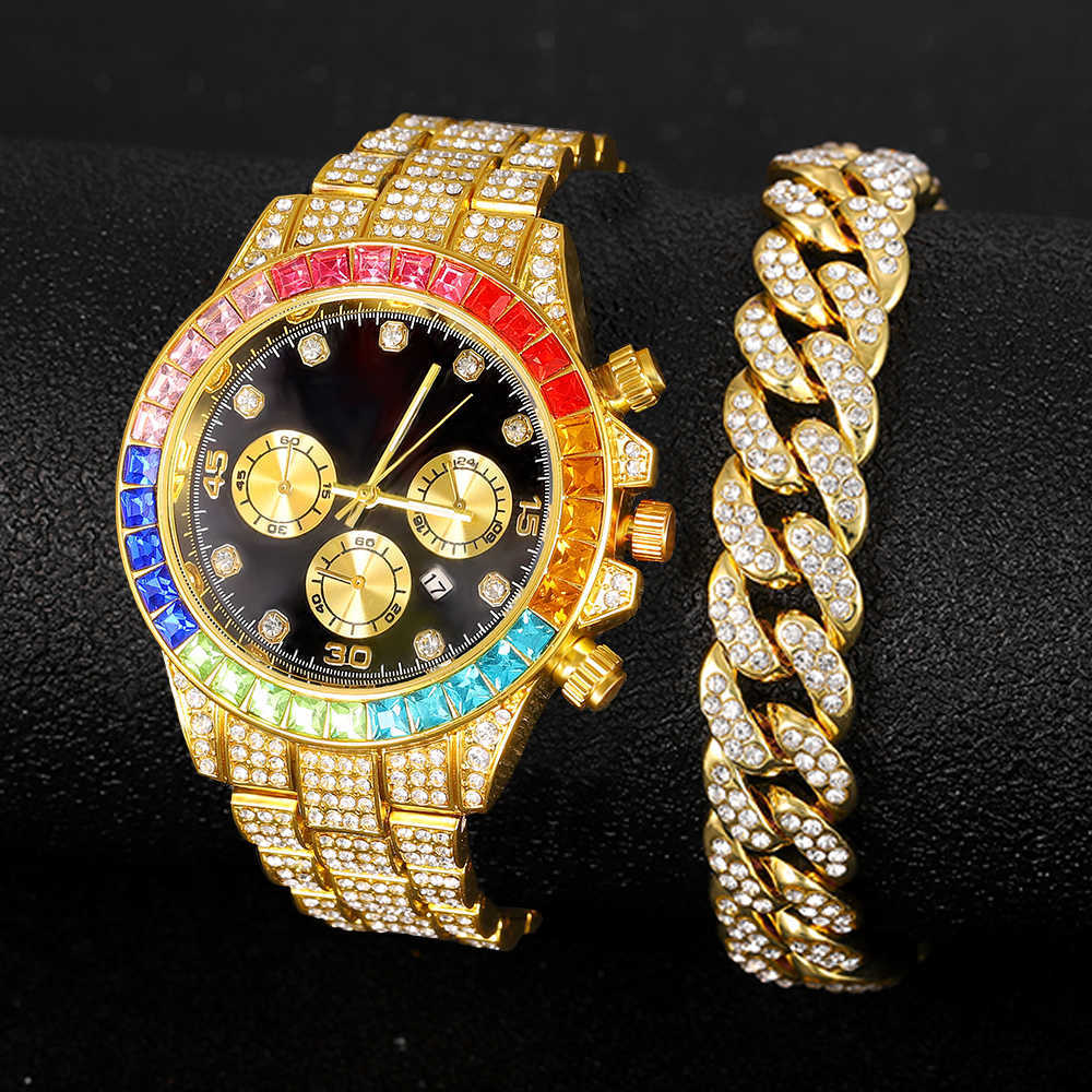 

Watches Rhinestone Watch Women Men Luxury Full Micro Pave Iced Out Colorful Stones Cubic Zirconia Stainless Steel 3 Eyes 230613, Gold