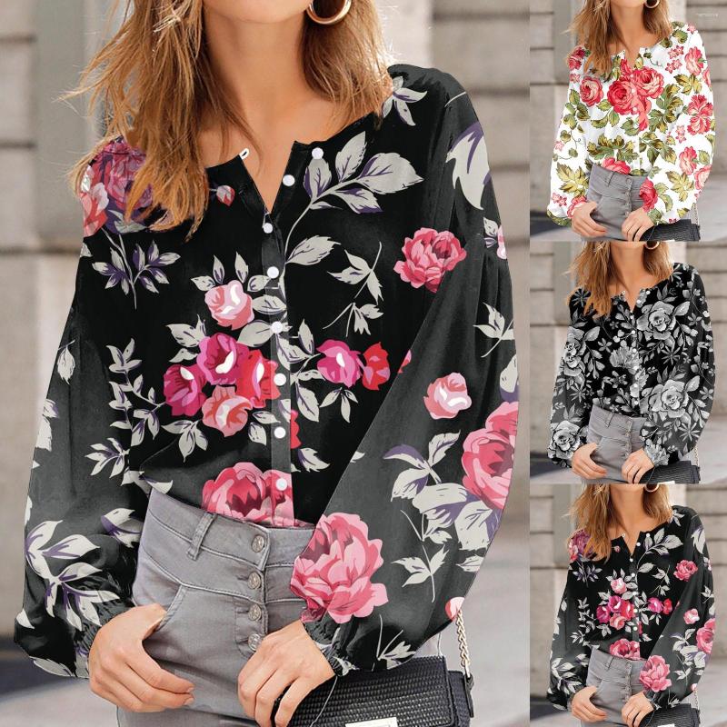 

Women's Blouses 2023 Women's Casual Loose Bubble Sleeve Flowers Print Fashion Shirt Vintage Turn Down Collar Blusas OL Women Tops, Pink