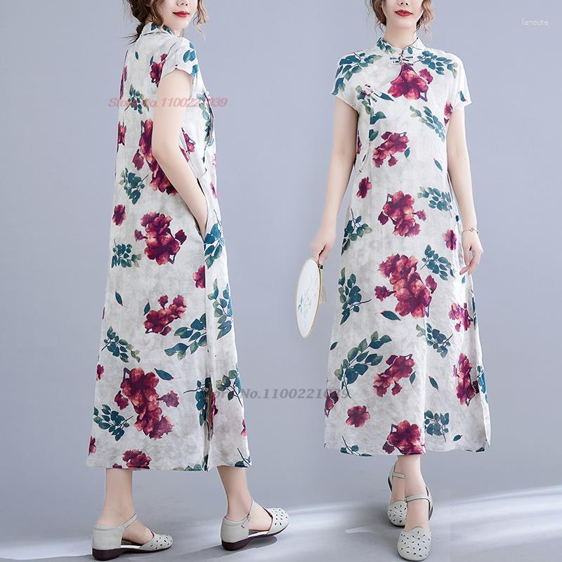 

Ethnic Clothing 2023 Traditional Chinese Vintage Qipao National Flower Print Loose Cheongsam Oriental Improved Folk Dress