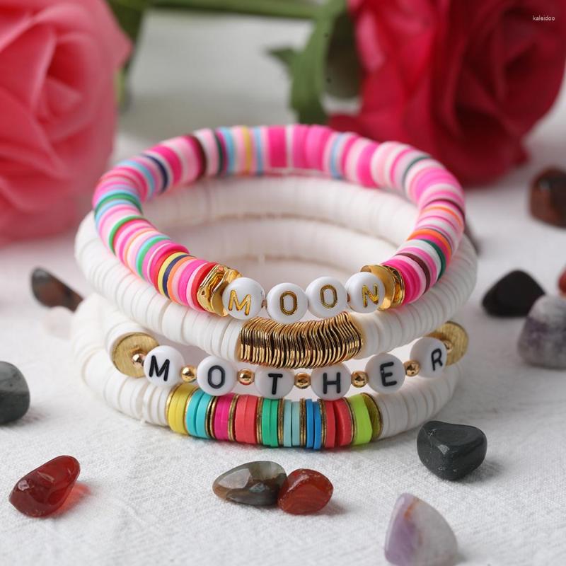 

Charm Bracelets 5 10Pcs Plated Gold Mother Letter Plastic Women 8mm Rainbow Vinyl Disc Heishi Beads Elastic String Bracelet Boho