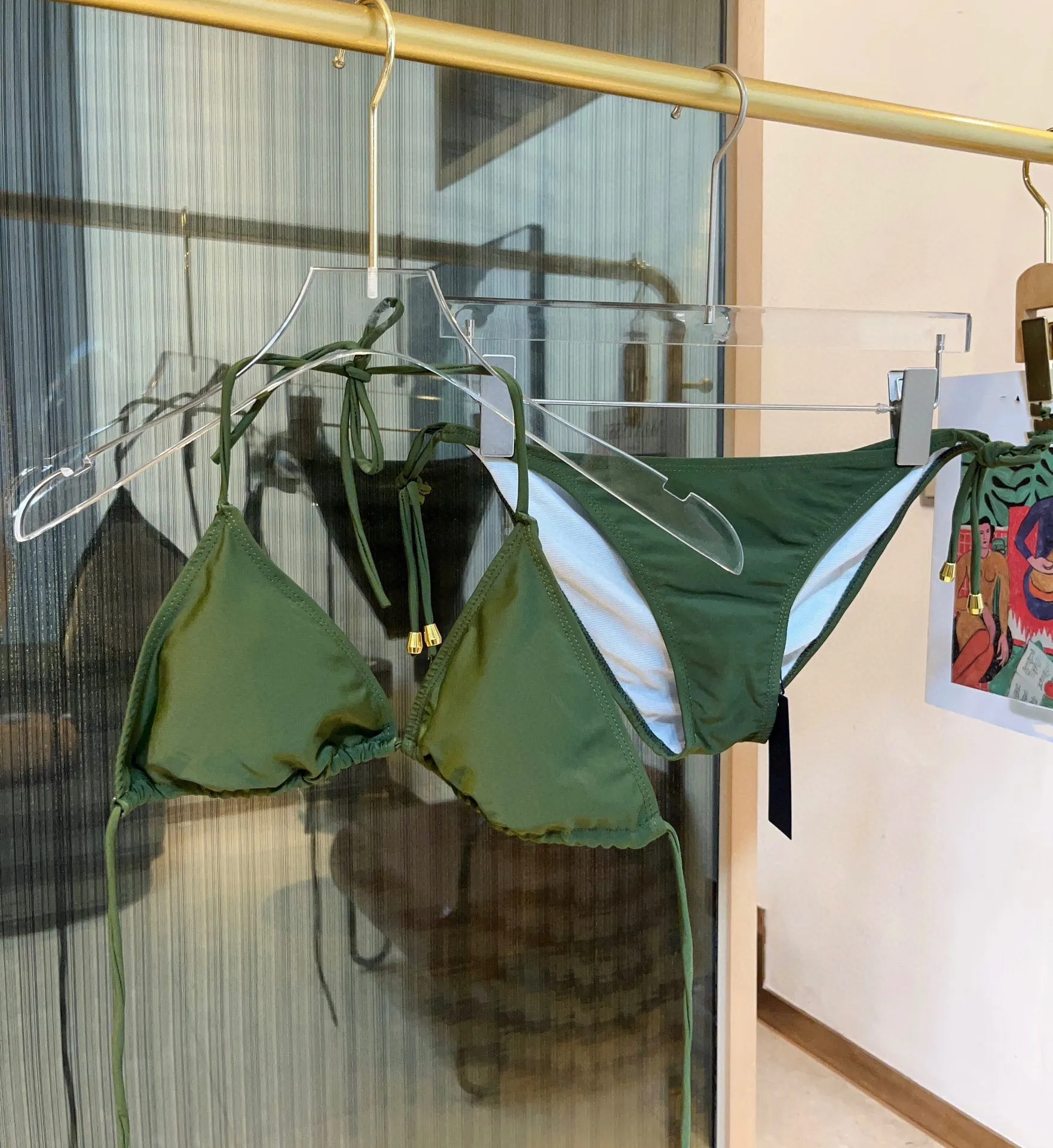 

Designer bikini swimsuit Designer Bikini Beach Vacation Necklace up Bikini Sexy Three Point Swimwear Women' Army Green Chest Gather