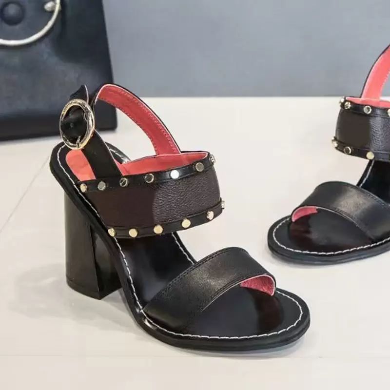 

Classic High heeled sandals party 100% leather women designer sexy letter heels 10cm rivet Lady Metal Belt buckle Thick Heel Woman shoes Large size 35-42 with box, Colour 3