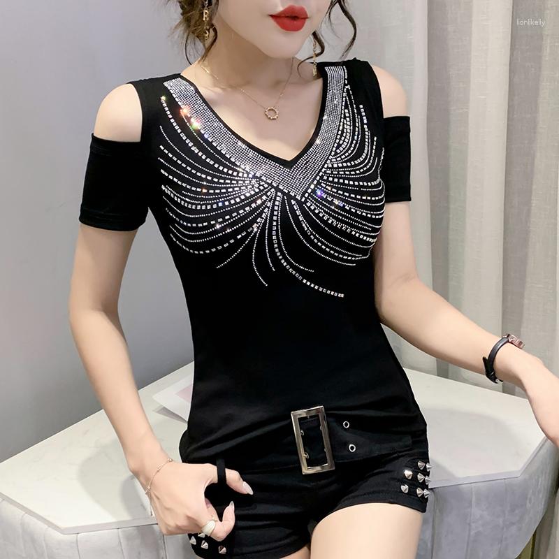 

Women's T Shirts Fashion Drill Clothes V-neck T-shirt For Women Poleras De Mujer Moda Diamond Tshirt 2023 Summer Off Shoulder Rhinestones, Black
