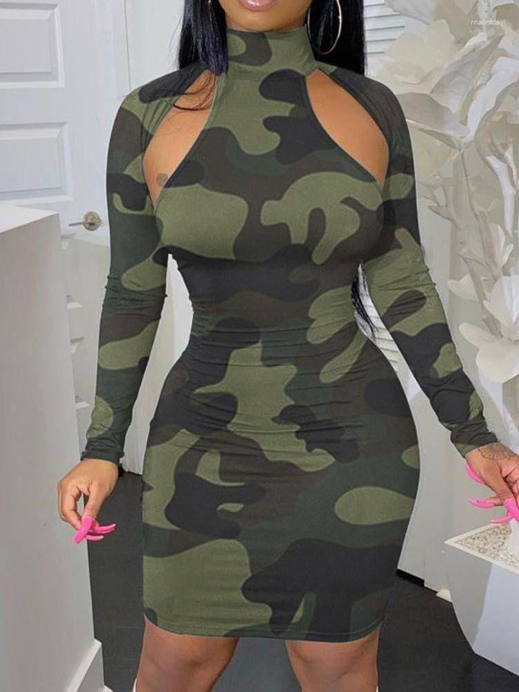

Casual Dresses Women Fashion Clothing High Neck Skinny Mini Dress Camouflage Print Cutout Long Sleeve Bodycon, Green