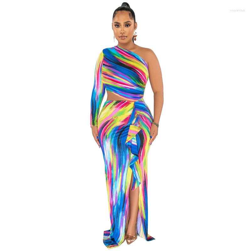 

Ethnic Clothing 2023 Pencil Dress Summer And Autumn Women One Shoulder Long Sleeve Slim Fit Fashion Sexy Printed Ruffled For African