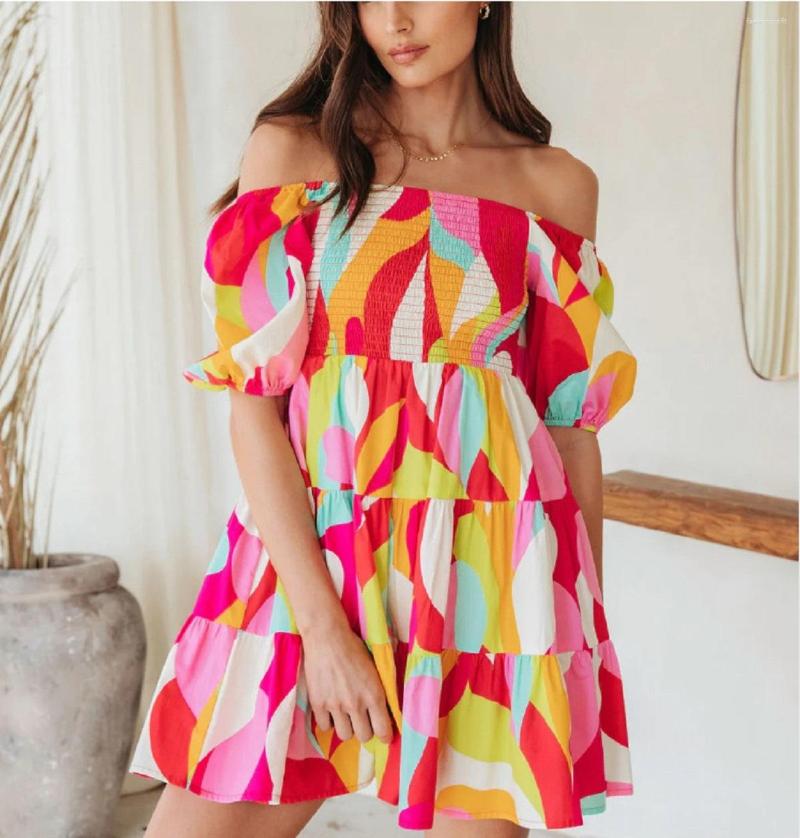 

Casual Dresses Women Dress Multicolor Geometric Print Smocked Babydoll Mini Summer 2023 Elegant Luxury Occasion Shift Clothes, Multi