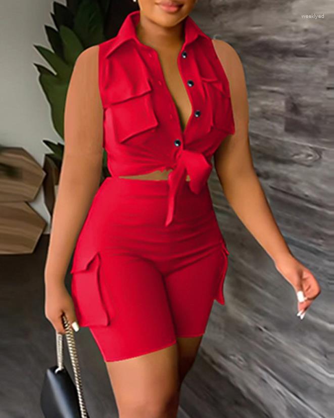 

Women's Tracksuits Women's Summer Suit Buttoned Pocket Design Sleeveless Top & Female Casual Shorts Set Tow Piece Outfit 2023