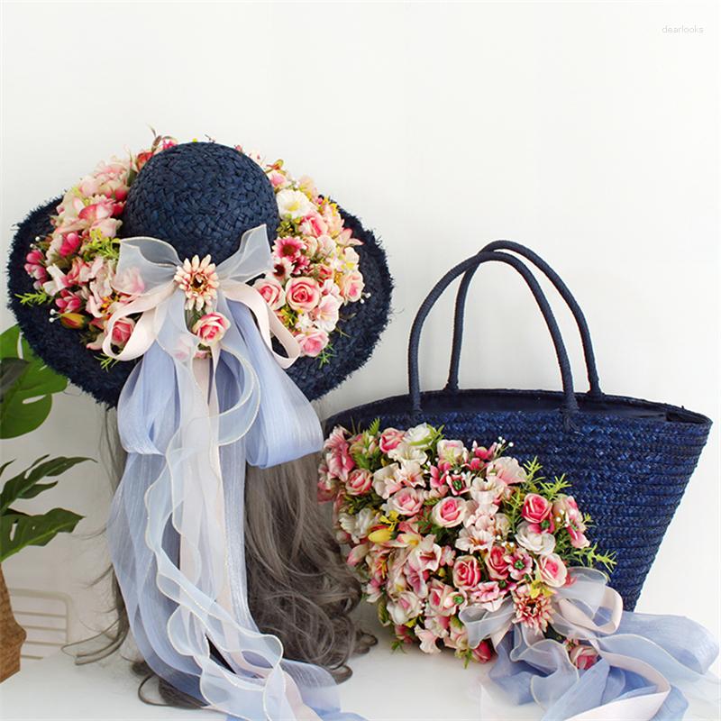 

Evening Bags Straw For Women 2023 Luxury Flowers Handmade Woven Beach Bag With Hat Travel Larger Capacity Women's Handbags Bolsa, Dark blue