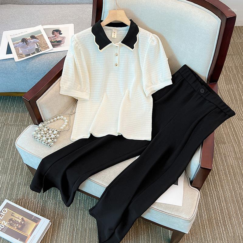 

Women's Two Piece Pants Large Pleated V-neck Short Sleeved Chiffon Shirt Casual Wide Leg Two-piece Elegant Women's Set Summer Outfits, Black top