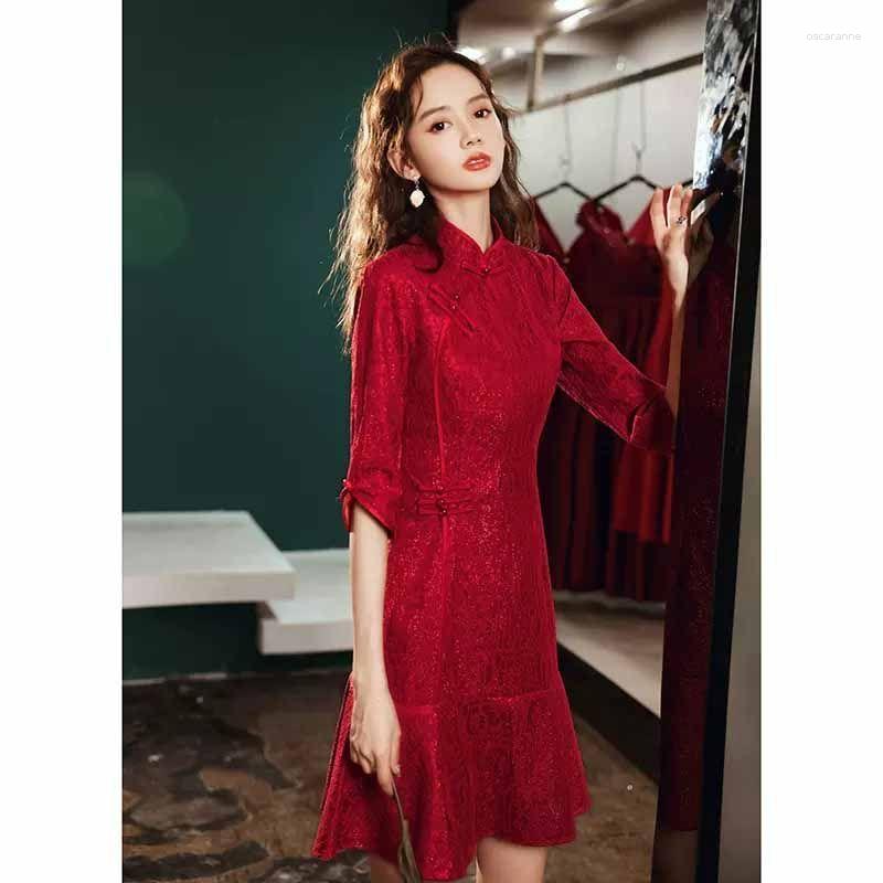 

Ethnic Clothing Chinese Bride Wedding Toast Qipao Noble Women Evening Party Dress Vintage Ruffle Sexy Cheongsam Vestidos Classic Ladies Qi